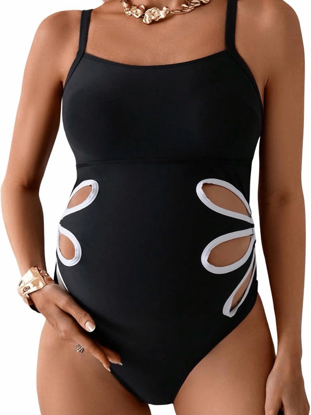 Sleek Black Maternity One-Piece Swimsuit with White-Trim Cutouts